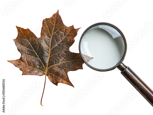 Magnifying glass over a brown autumn leaf, white isolated background. photo