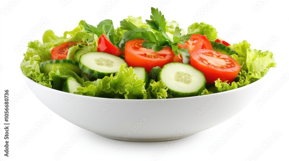 Fresh Green Salad with Tomatoes, Cucumbers, and Parsley in a White Bowl Fresh Green Salad with Tomatoes, Cucumbers, and Parsley in a White Bowl