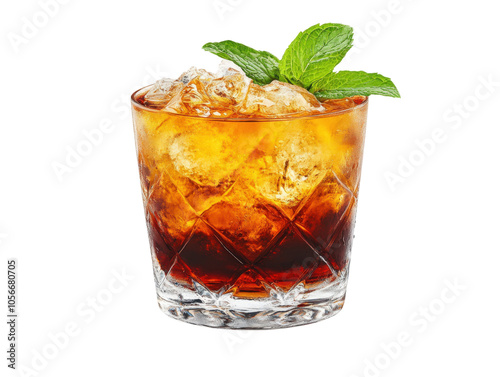 Refreshing cocktail in a glass with ice and mint on white isolated background.