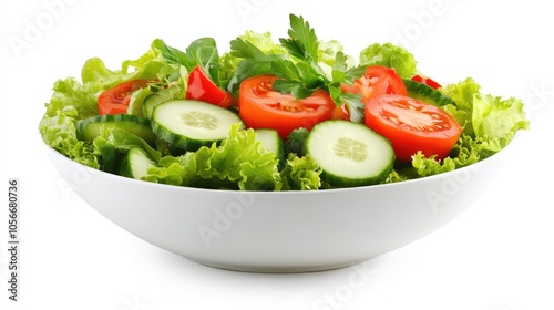 Fresh Green Salad with Tomatoes, Cucumbers, and Parsley in a White Bowl