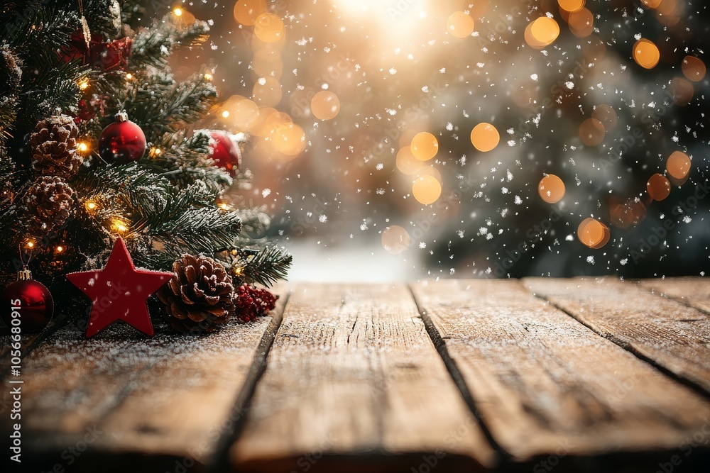 Cozy wooden table with blurred Christmas tree and decorations, featuring falling snow and a red star for festive celebrations. Cozy wooden table with blurred Christmas tree and decorations, featuring falling snow and a red star for festive celebrations.