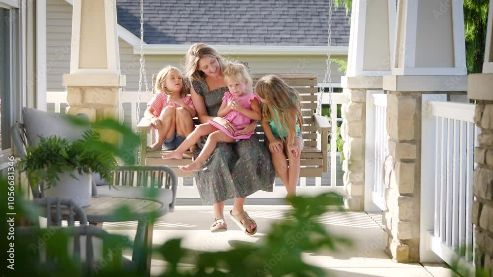 Three Young Girl Daughters Swinging with Mom on Front Home Porch Swing