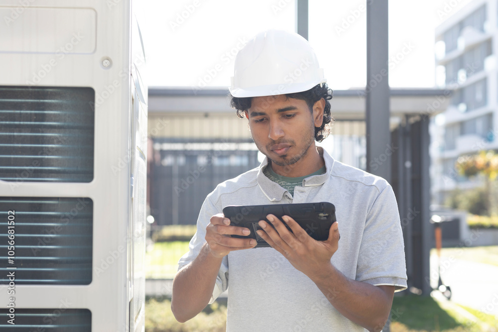young technician with tablet controlling outside young technician with tablet controlling outside