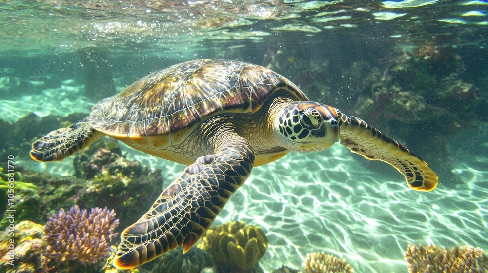Fototapeta premium Serene Turtle Swimming in Colorful Coral Reef Surrounded by Crystal-Clear Water, Emphasizing Tranquility and Beauty