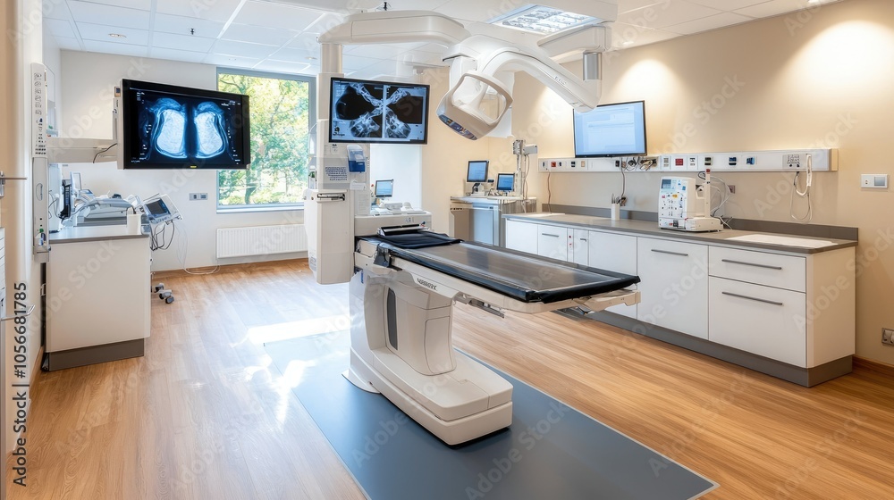 Modern x-ray technician operating advanced imaging equipment in a clinical setting Modern x-ray technician operating advanced imaging equipment in a clinical setting