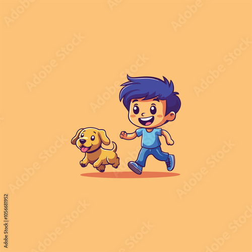 Cute Cartoon Illustration of a Boy Joyfully Running with His Dog Companion