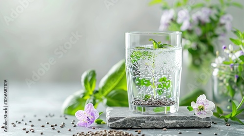 A glass of water with a few flowers and some seeds on a table