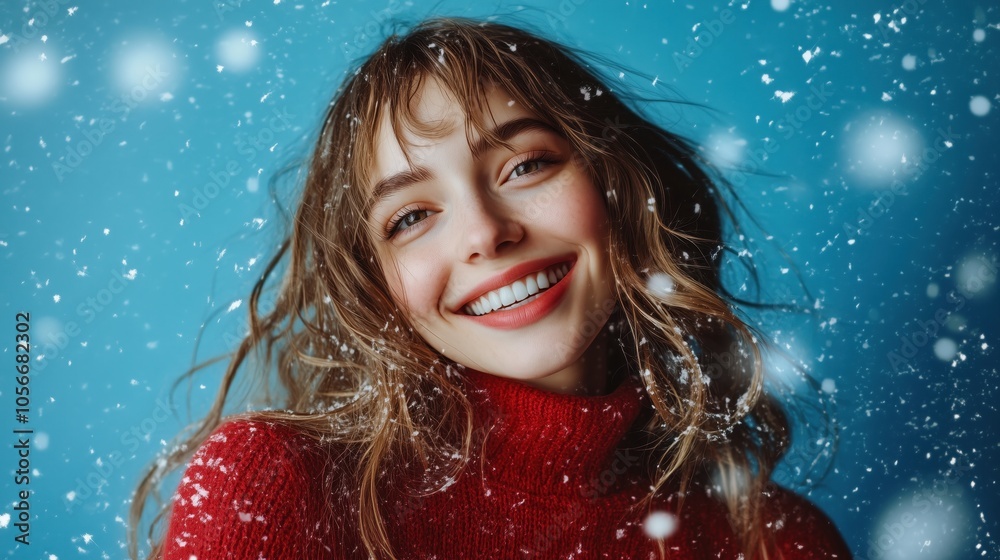 A smiling woman on a blue background. snowing. A smiling woman on a blue background. snowing.