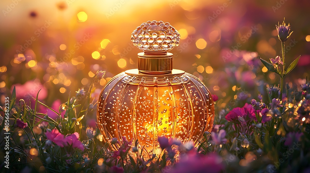 Perfume Bottle in Sunset Field with Flowers and Bokeh Perfume Bottle in Sunset Field with Flowers and Bokeh