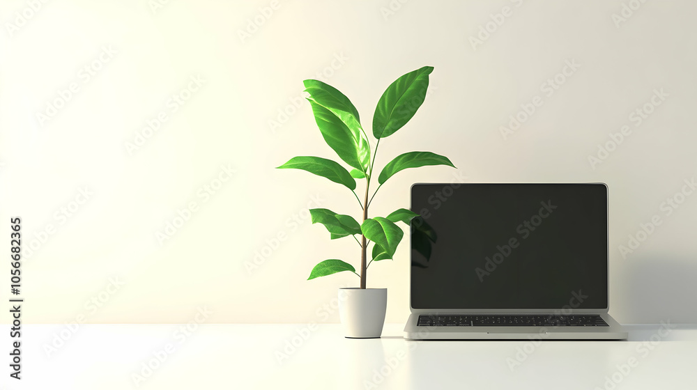 3D Plain Background Laptop Green Plant Copy Space Inviting Image Growth Happiness Work From Home Soft Lighting Fresh Atmosphere Icon Isolated White Background