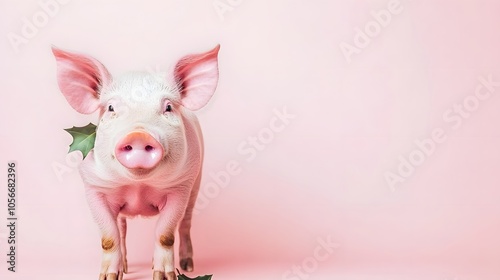 Wallpaper Mural A cute piglet stands against a pink background, holding a leaf in its mouth, exuding charm and playfulness. Torontodigital.ca