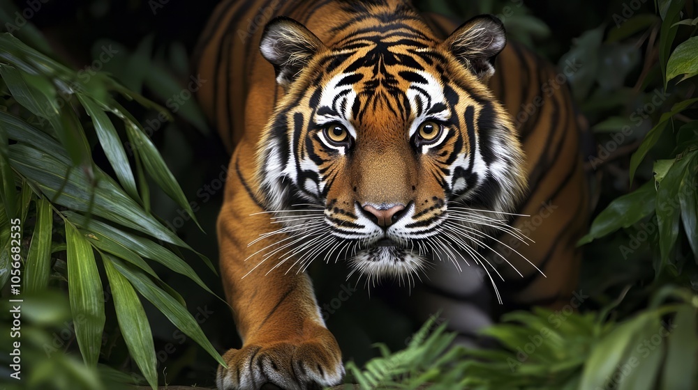 Majestic Tiger Prowling Through Dense Jungle Foliage - Intense Eyes and Vibrant Fur Patterns Capturing the Beauty of the Wild Majestic Tiger Prowling Through Dense Jungle Foliage - Intense Eyes and Vibrant Fur Patterns Capturing the Beauty of the Wild