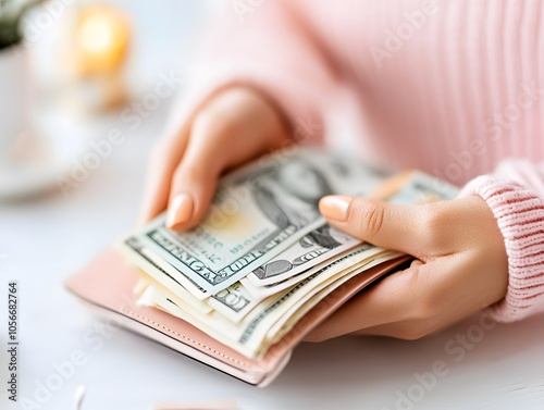 A person counting cash while holding a pink wallet, emphasizing finances and currency management in a cozy environment. photo