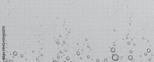 Fizzy water bubbles floating on transparent background. Multiple sized spherical shapes for effervescent pattern. Realistic 3d vector natural carbonated liquid effect with scattered droplets.