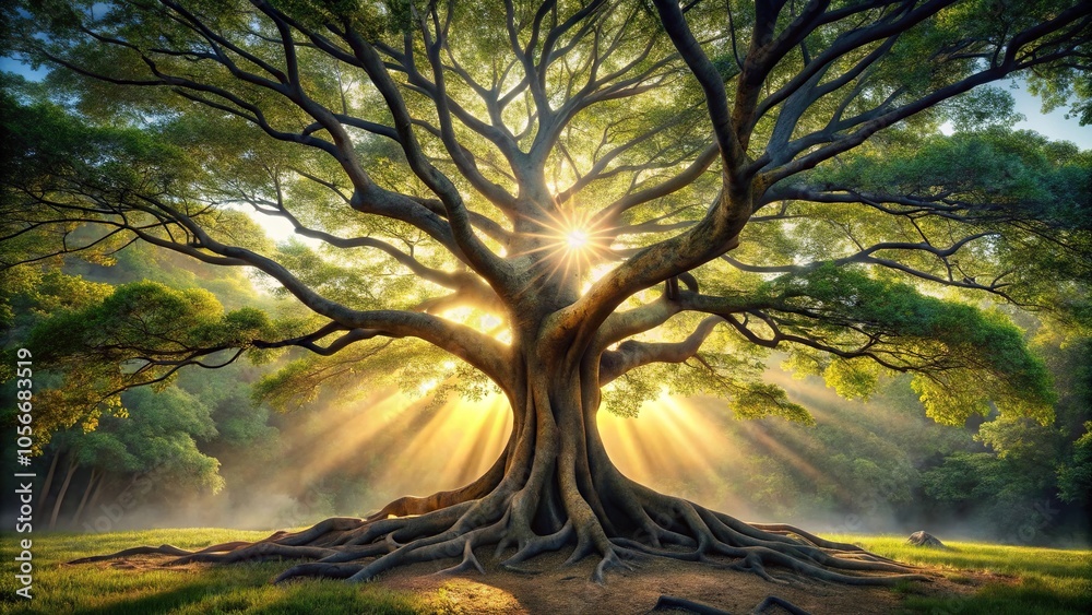 Fototapeta premium A majestic tree with gnarled branches and roots stretching out like tentacles, surrounded by a halo of soft, ethereal light., symbolism, tree of life, forest, mystical, nature