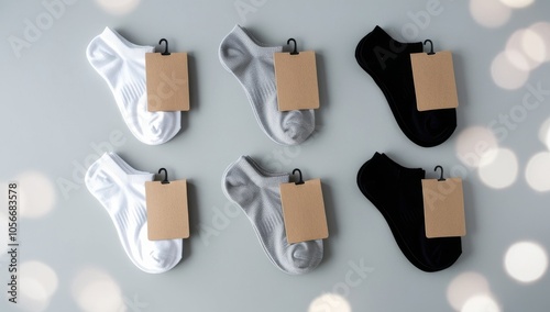 Set of new socks. Socks with clean label for design. Set of socks with cardboard tags for retail. pair of socks in different colors. mock up for advertising, branding, design