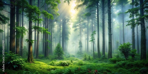 A misty forest landscape with towering trees and overgrown foliage, forest, moss, dense foliage, misty