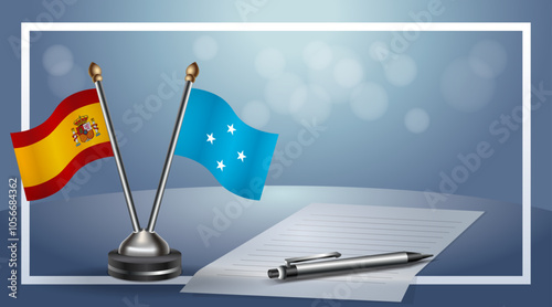 Spain and Micronesia Small national flag on bokeh background, cooperative relationship