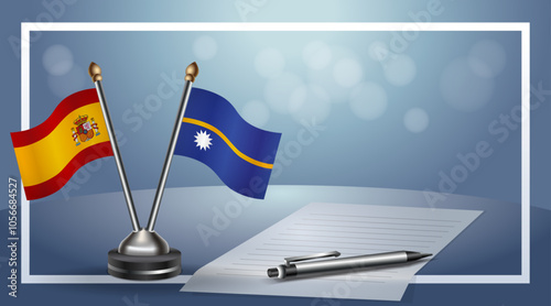 Spain and Nauru Small national flag on bokeh background, cooperative relationship