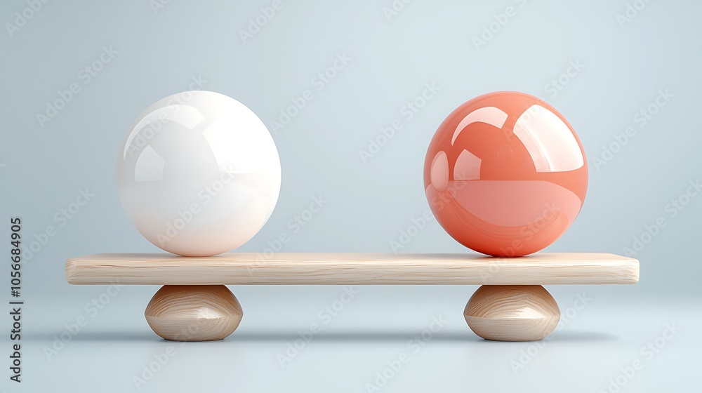 Balancing elements a visual exploration of form and color with glossy spheres on a wooden plank Balancing elements a visual exploration of form and color with glossy spheres on a wooden plank