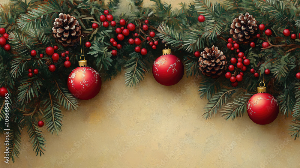 Festive Victorian Christmas background with pine branches,pinecones and red ornaments.Victorian Christmas decor on vintage sienna color background for holiday decorations and invitations Festive Victorian Christmas background with pine branches,pinecones and red ornaments.Victorian Christmas decor on vintage sienna color background for holiday decorations and invitations