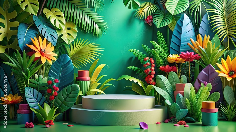 Fototapeta premium 3D Papercraft Jungle Podium for Product Placement - Summer Tropical Scene