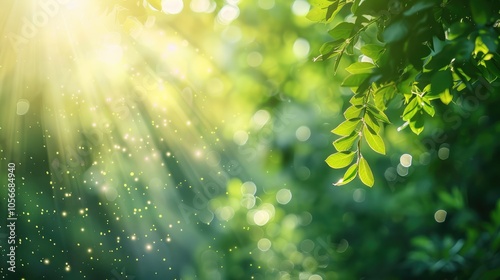 Sun rays shining through trees creating blurred image in green garden during summer, representing nature and sunlight concept.