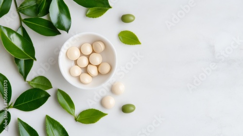 beige medicinal pills macro shot, pristine white dish, vibrant green tea foliage, neutral stone surface, holistic wellness imagery