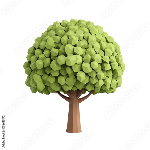 Low poly 3D design of a green tree with a full canopy and stylized geometric leaves, ideal for games, nature scenes, or environmental assets. Isolated on transparent background, png.