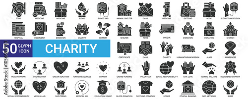Charity icon collection set with food, 
medicine, donation, cooperation, human resources