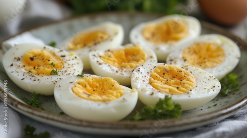 Closeup of Boiled Eggs with Pepper and Parsley on a Plate