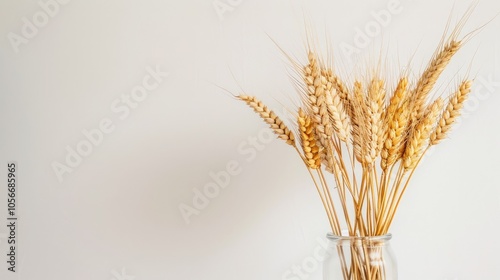 Dried wheat ears in vase on white backdrop. Autumn theme with empty space.