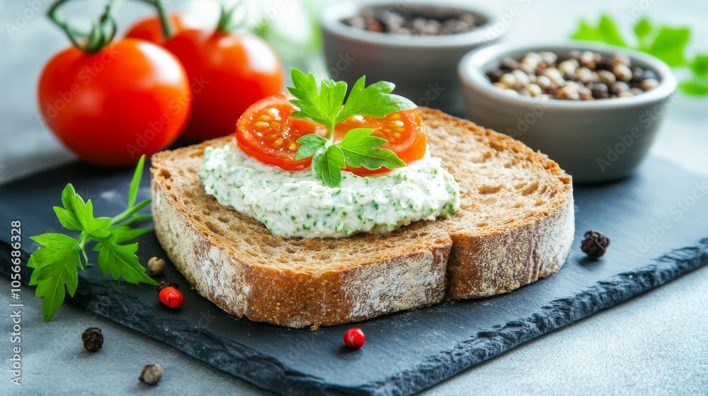 healthy wholemeal bread, creamy green spread, plump tomatoes, earthenware bowls, slate platter, fresh herbs, multicolored peppercorns, nutritious meal setup, soft side lighting, focus on bread crust healthy wholemeal bread, creamy green spread, plump tomatoes, earthenware bowls, slate platter, fresh herbs, multicolored peppercorns, nutritious meal setup, soft side lighting, focus on bread crust