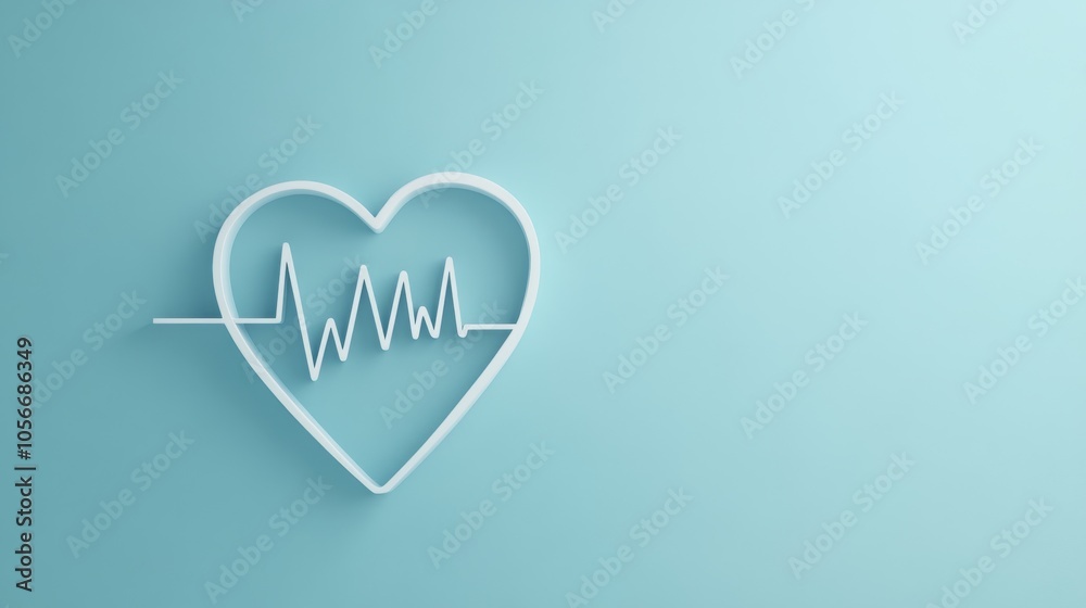 3d heart shape with ekg line, white outline, navy blue interior, soft blue background, medical concept illustration, minimalist healthcare icon