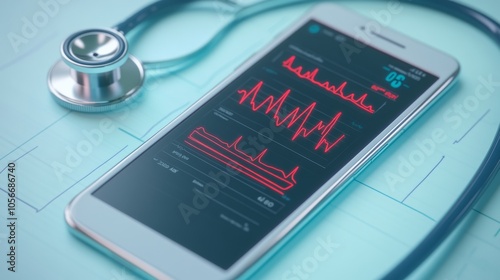 mobile device with vital signs tracker interface, red ecg line on screen, metallic stethoscope on sleek phone surface, teal and azure color palette, high-tech medical equipment, mhealth application photo