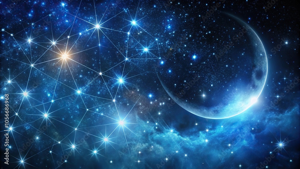 A stunning blue and silver night sky wallpaper featuring stars, constellations, and a crescent moon, set against a deep black background, crescent moon, night sky A stunning blue and silver night sky wallpaper featuring stars, constellations, and a crescent moon, set against a deep black background, crescent moon, night sky