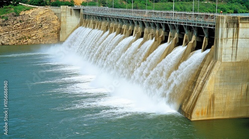 A hydroelectric dam generating power, with water cascading down, showcasing renewable energy