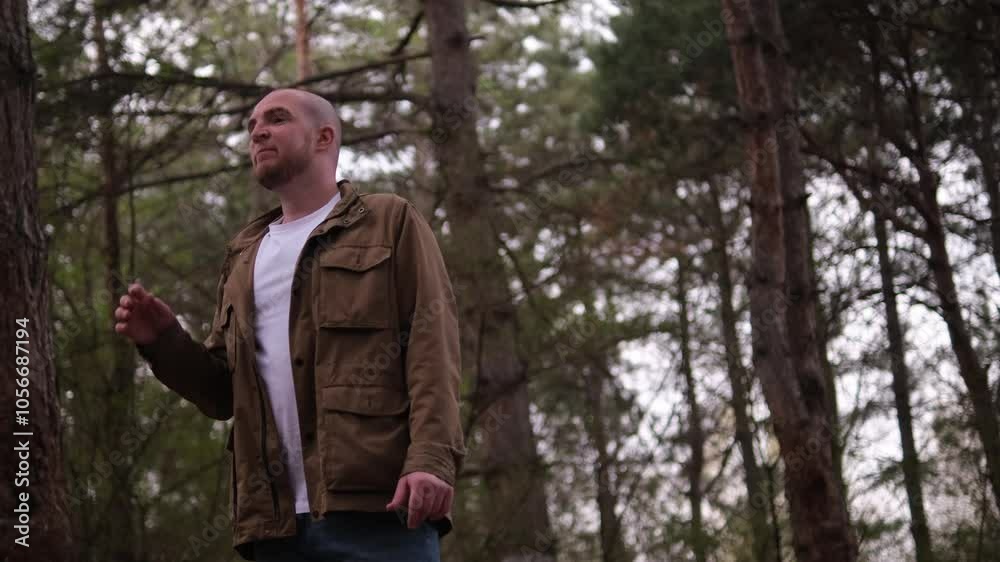 man wearing a cool haircut fooling. guy with a beard and a mohawk in the park. Caucasian male clowning in the forest man wearing a cool haircut fooling. guy with a beard and a mohawk in the park. Caucasian male clowning in the forest