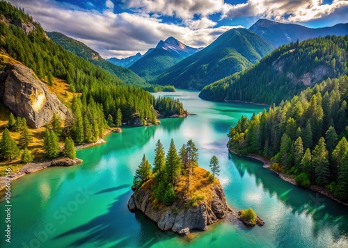 Aerial perspective of Diablo Lake, Washington, showcasing its mesmerizing turquoise waters. photo