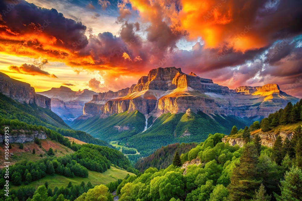Obraz premium As the sun sets, Torla Ordesa and Monte Perdido National Park glow with stunning hues, highlighting the natural beauty of the Pyrenees Mountains in Spain.