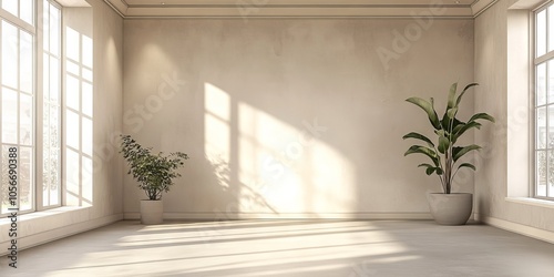 Bright minimalist room featuring large windows, natural light, and potted plants, creating a serene and modern living environment.