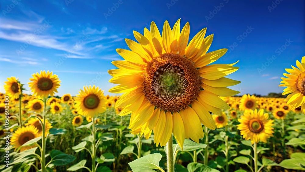 Bright yellow sunflower field with tall stalks and bright petals against a clear blue sky, outdoor, flowers Bright yellow sunflower field with tall stalks and bright petals against a clear blue sky, outdoor, flowers