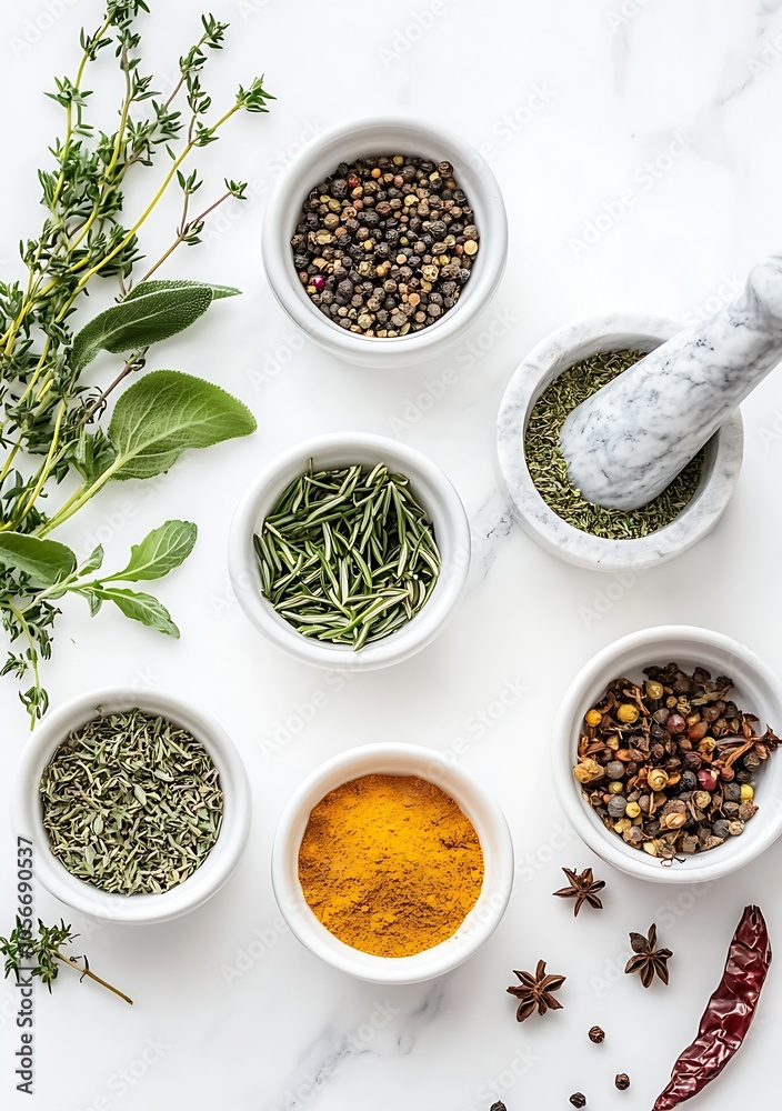 Top View of Assorted Fresh Herbs and Spices in Bowls on Marble Background : Generative AI Top View of Assorted Fresh Herbs and Spices in Bowls on Marble Background : Generative AI