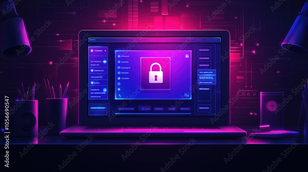 In a dim workspace, a laptop displays a vivid interface highlighting a locked padlock symbol, symbolizing strong cybersecurity measures and data protection in the digital age. In a dim workspace, a laptop displays a vivid interface highlighting a locked padlock symbol, symbolizing strong cybersecurity measures and data protection in the digital age.