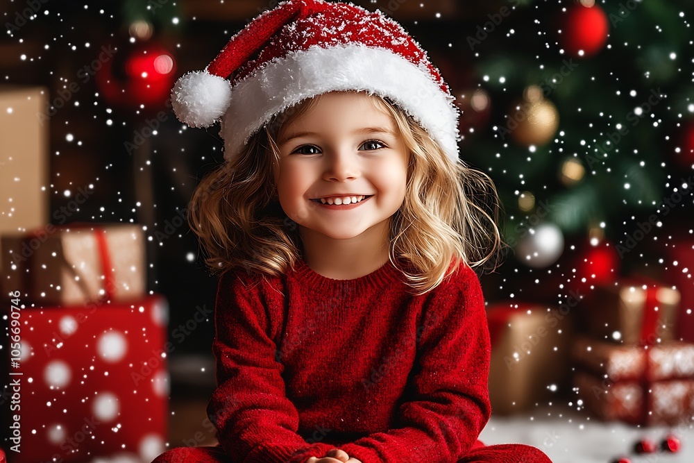 Joyful child in Santa hat smiling amid Christmas decorations and snowflakes indoors : Generative AI