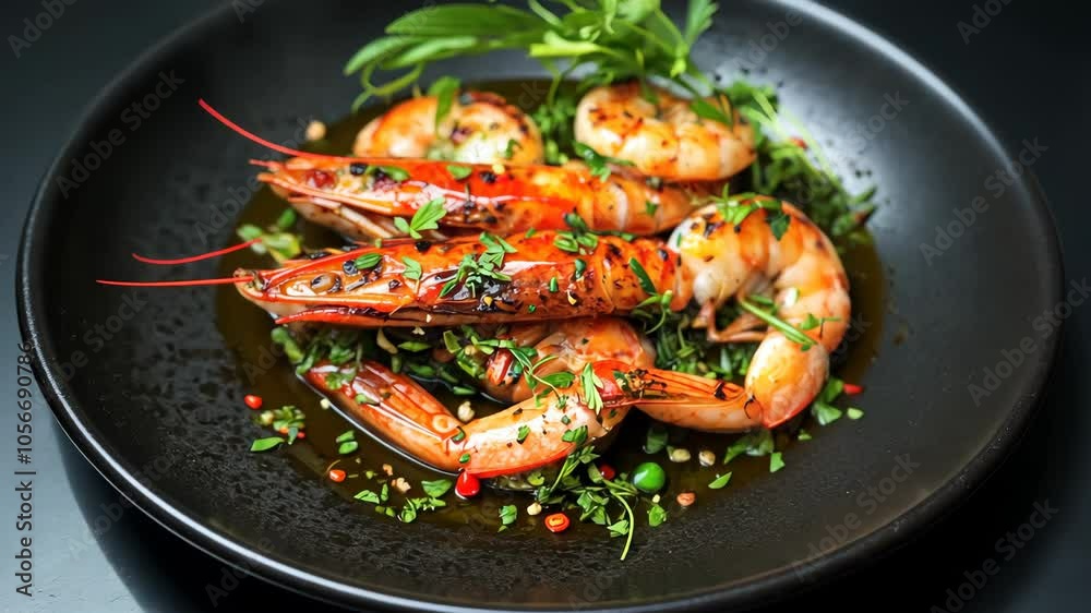 food fish elegant gourmet black plate top view lunch dinnerdish meal fine dining closeup green sea seafood shrimp beautiful modern Video food fish elegant gourmet black plate top view lunch dinnerdish meal fine dining closeup green sea seafood shrimp beautiful modern Video