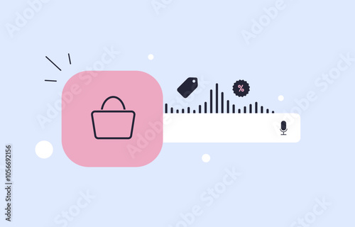 Voice Commerce for Small Businesses. Set up voice commerce options for local and small businesses, allowing customers to shop via voice commands. Illustration showing e-commerce voice interacting