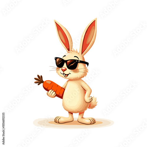 Cute bunny holding a carrot vector illustration. Funny bunny mascot logo idea. Rabbit wearing a sunglass cartoon vector 