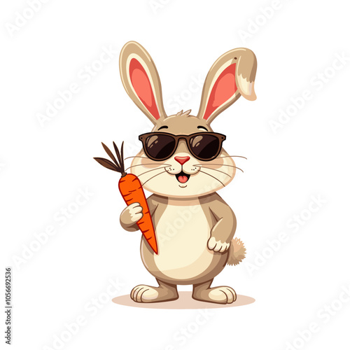 Cute bunny holding a carrot vector illustration. Funny bunny mascot logo idea. Rabbit wearing a sunglass cartoon vector 