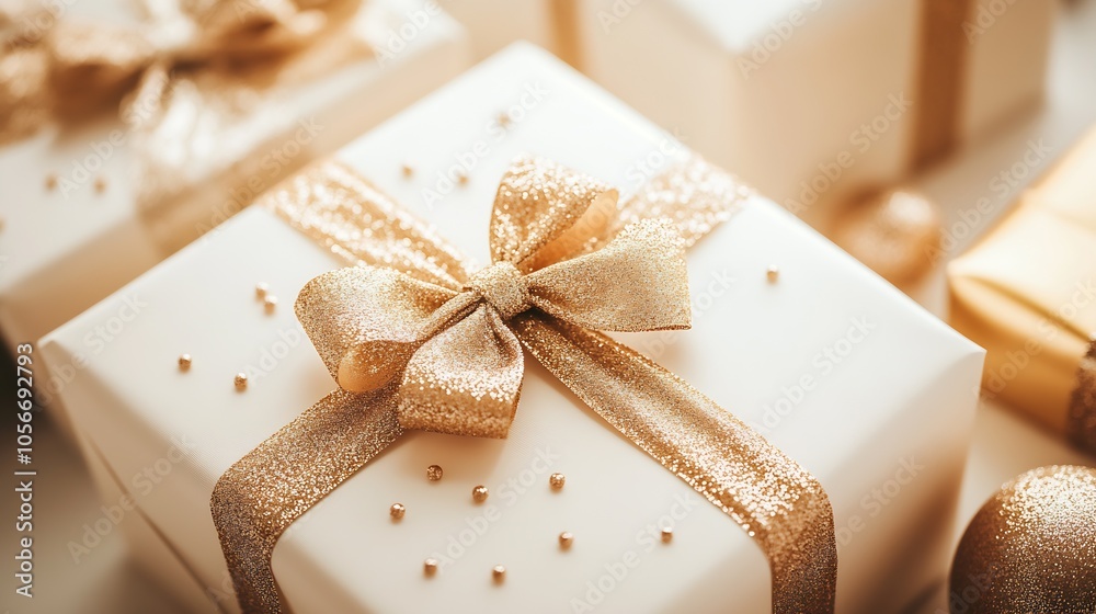 Elegant Golden Wrapped Christmas Gift Box with Shimmering Decorative Bow : Generative AI Elegant Golden Wrapped Christmas Gift Box with Shimmering Decorative Bow : Generative AI